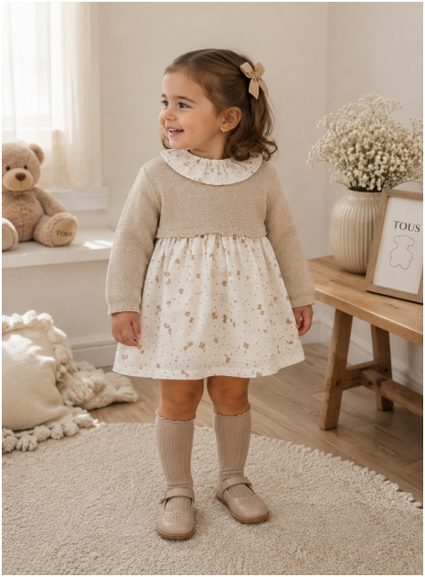 Vestido Infantil Combinado em Tricô e Estampado com Ursos Tous